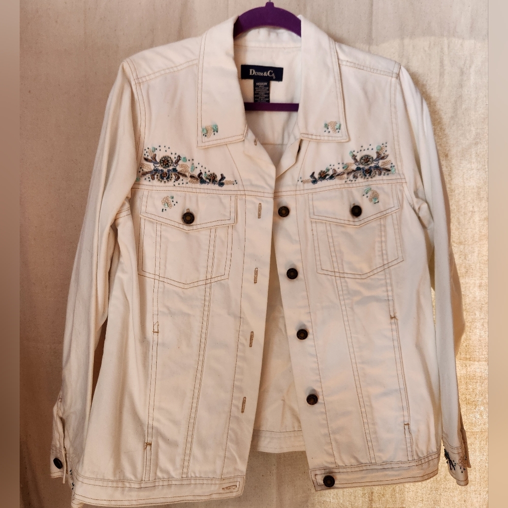 Denim&Co Cream Floral Embroidered Jean Jacket